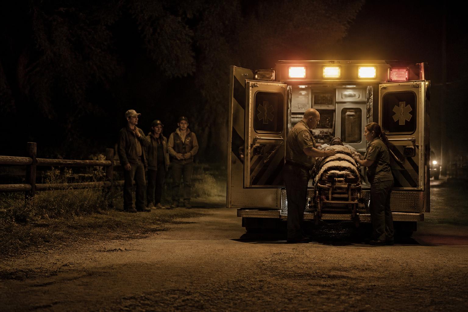 Ground ambulance paramedics loading a patient on a rural road at night